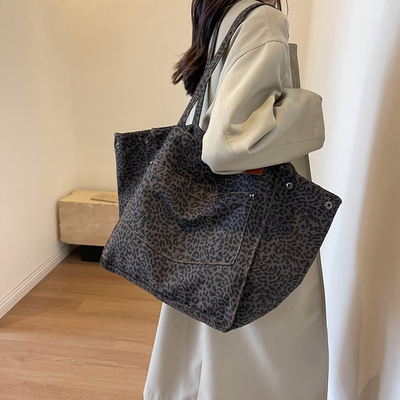 Shoulder Bag Slouchy - レオパード柄トートバッグ ヴィンテージキャンバスショルダーバッグ ファッション大容量ハンドバッグ 学校 仕事 ショッピング用