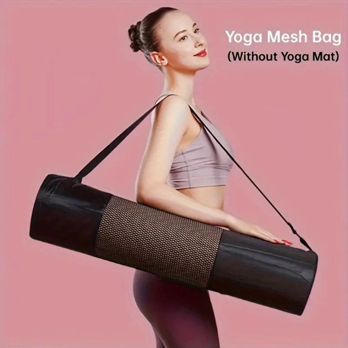 Shoulder Bag Slouchy - 通気性のあるヨガマット収納メッシュバッグ - 耐久性のあるオックスフォード生地、黒色、ショルダーストラップ付き、日常使用やフィットネスに最適