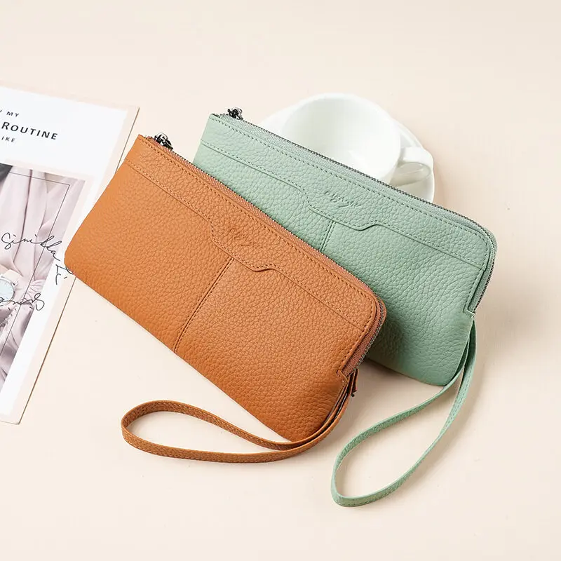 Wristlet Wallet Zipper - 男性と女性のための本物の革のリストレットウォレット、携帯電話ホルダー、大容量の財布、ジッパー、長い、女性