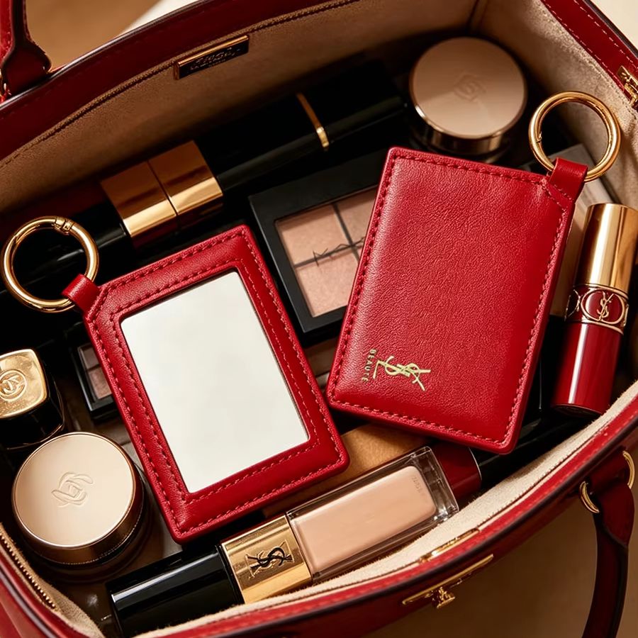 Women Luxury Bags Ysl - YSL レッドレザー スクエアミニポケットタッチアップメイクアップミラー メタルキーリング付き 女性向け高級ギフト